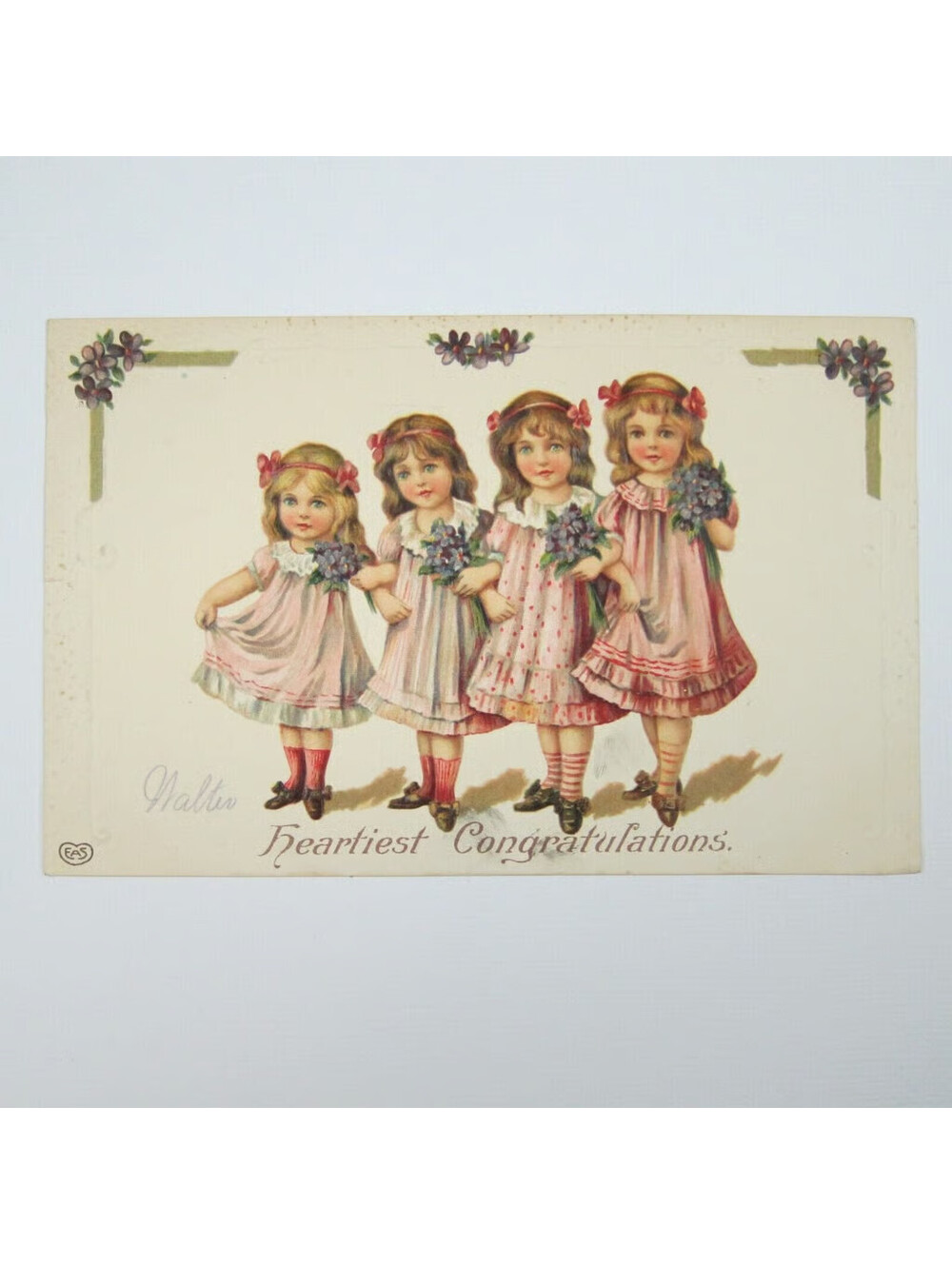 Postcard Congratulations Antique Little Girls Pink Dresses Blue Flowers Embossed